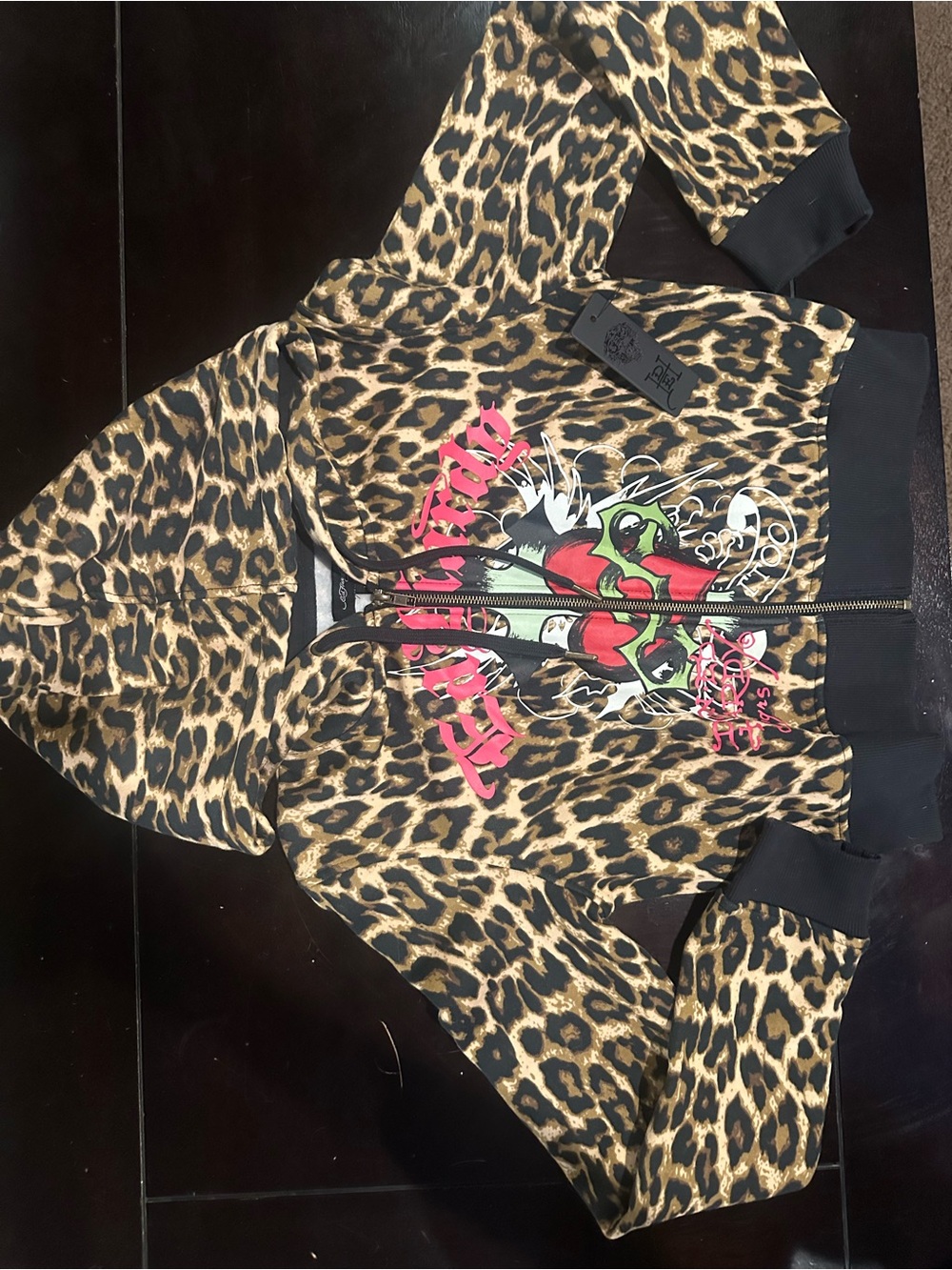 Ed Hardy Kids Leopard Zip Hoodie with Pink & Green Graphic